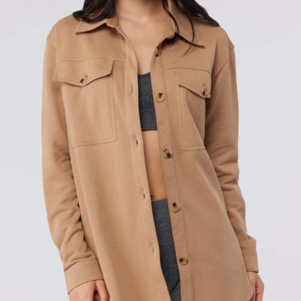 Spiritual Gangster Women’s Cozy Suede Fleece Shacket Button Down in Camel